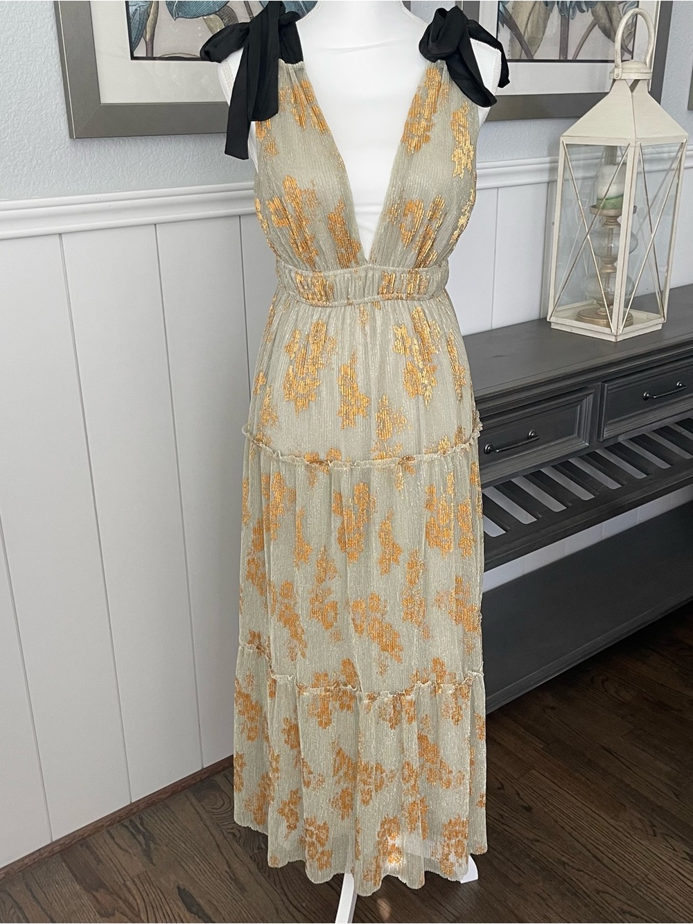 Storia Cream Maxi Dress with Gold Floral Embroidery and Black Tie Straps
